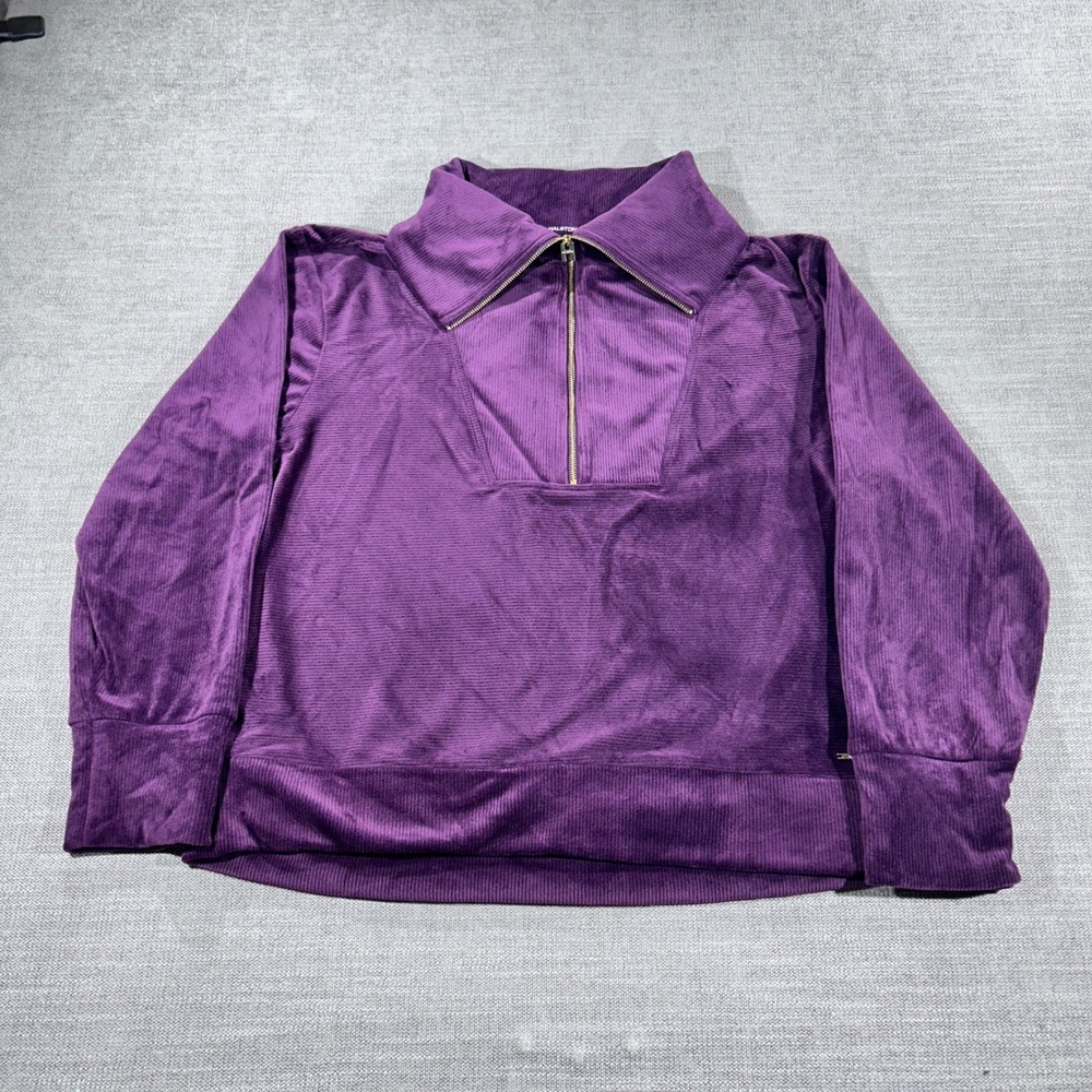 Halston Quarter Zip Pullover Womens Large Purple Excellent Ribbed Velour Top
